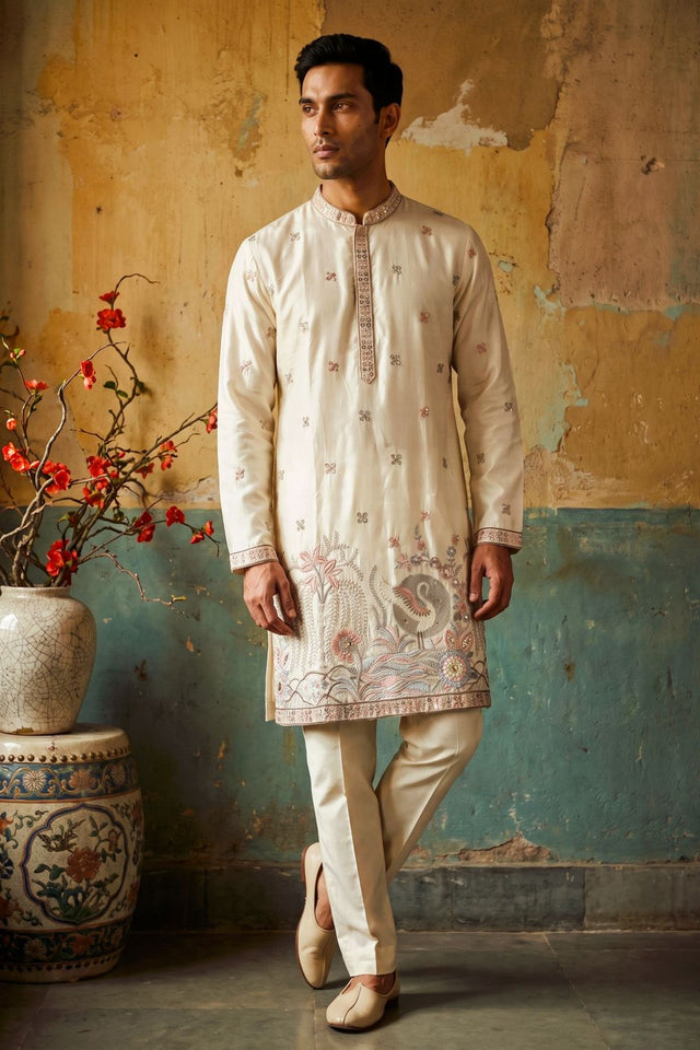 Mens Cream Embroidered Silk Kurta Pant Set (ACB2157)