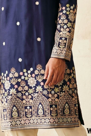 Mens Navy Blue Embroidered Silk Kurta Pant Set (ACB2158)