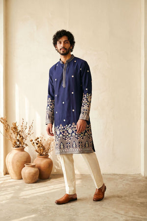 Mens Navy Blue Embroidered Silk Kurta Pant Set (ACB2158)