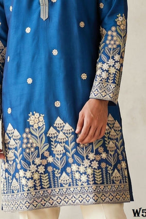 Mens Royal Blue Embroidered Silk Kurta Pant Set (ACB2159)