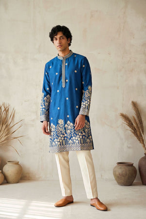 Mens Royal Blue Embroidered Silk Kurta Pant Set (ACB2159)