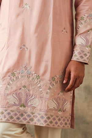 Mens Pink Embroidered Silk Kurta Pant Set (ACB2160)