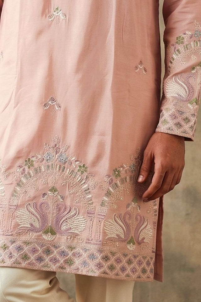 Mens Pink Embroidered Silk Kurta Pant Set (ACB2160)