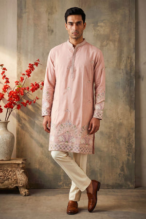 Mens Pink Embroidered Silk Kurta Pant Set (ACB2160)