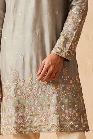 Mens Grey Embroidered Silk Kurta Pant Set (ACB2162)