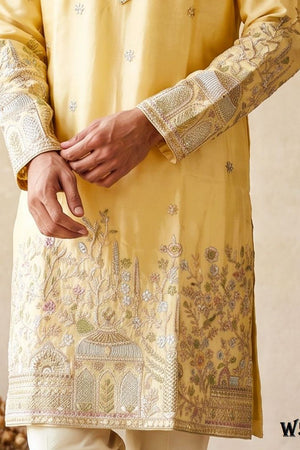 Mens Yellow Embroidered Silk Kurta Pant Set (ACB2163)
