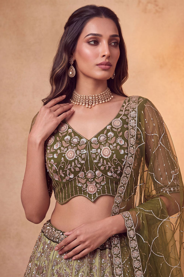Green Sequin with Embroidered Net Lehenga (ACB2167)