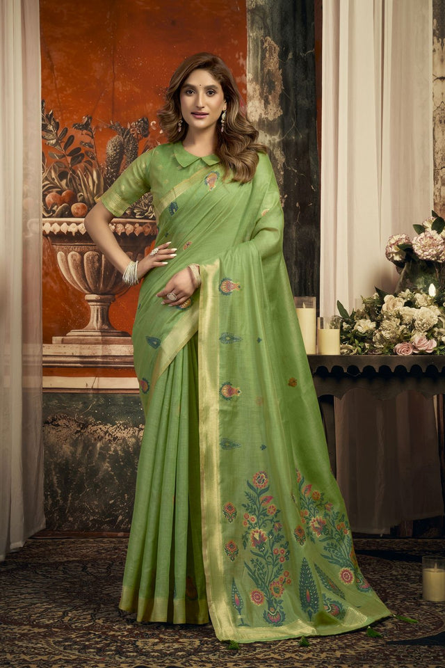 Green Woven Cotton Saree (ACB2180)