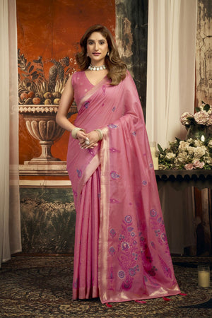 Pink Woven Cotton Saree (ACB2183)