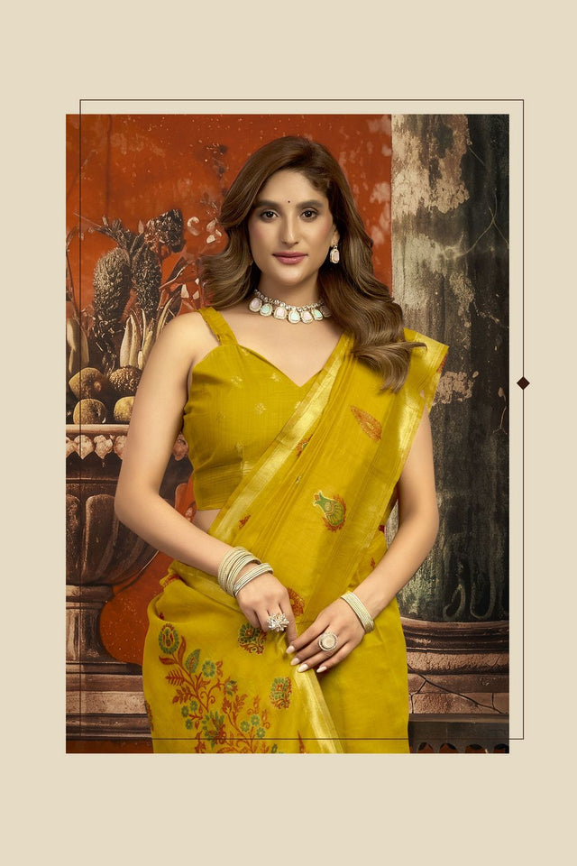 Mustard Woven Cotton Saree (ACB2184)