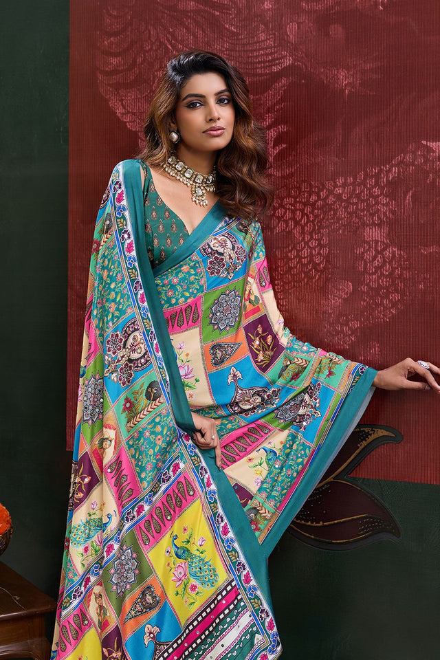 Blue Printed Crepe Saree (ACB2190)