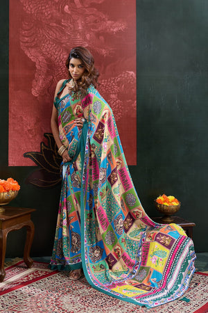 Blue Printed Crepe Saree (ACB2190)