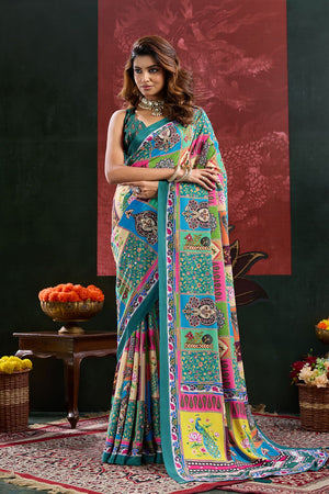 Blue Printed Crepe Saree (ACB2190)
