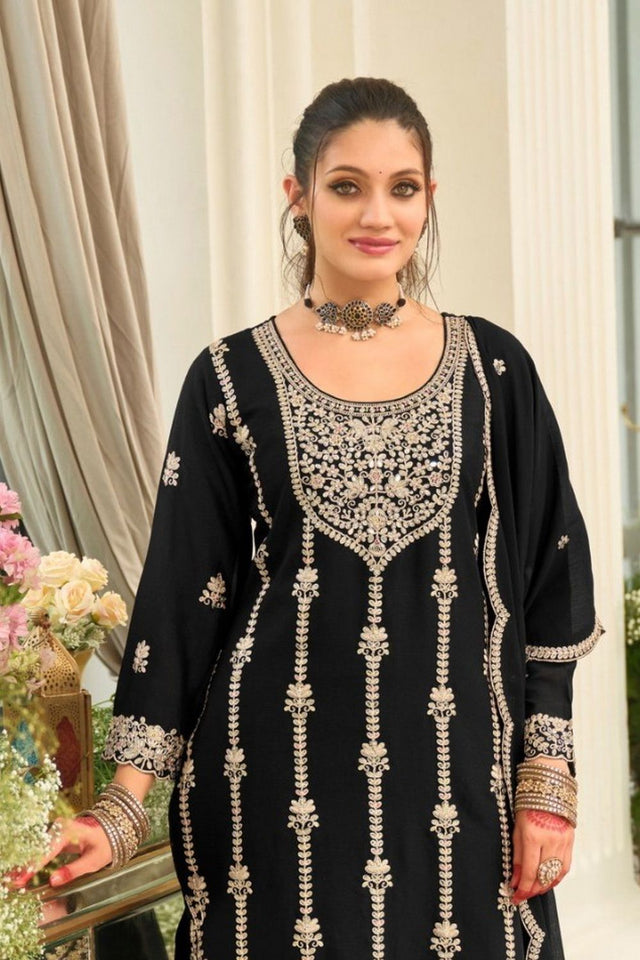 Black Floral Embroidered Chinon Palazzo Suit (ACB2192)