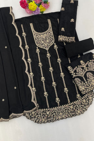 Black Floral Embroidered Chinon Palazzo Suit (ACB2192)