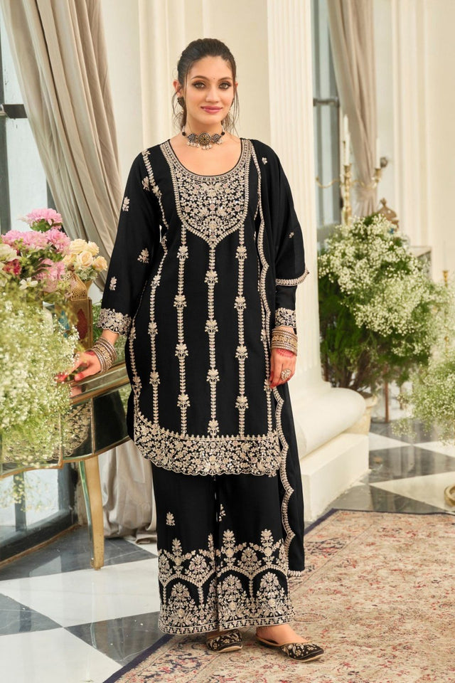 Black Floral Embroidered Chinon Palazzo Suit (ACB2192)