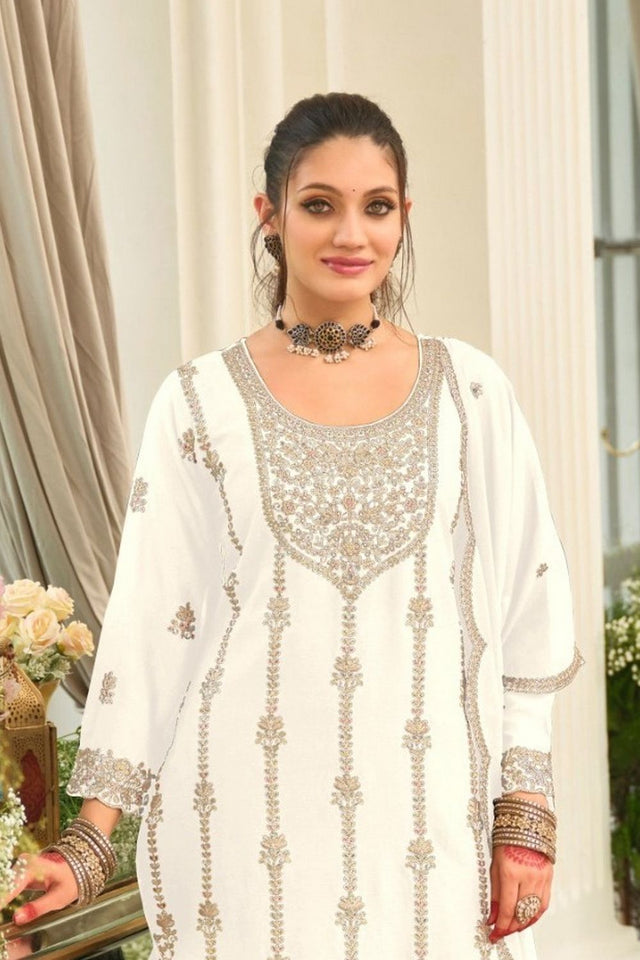 White Floral Embroidered Chinon Palazzo Suit (ACB2193)