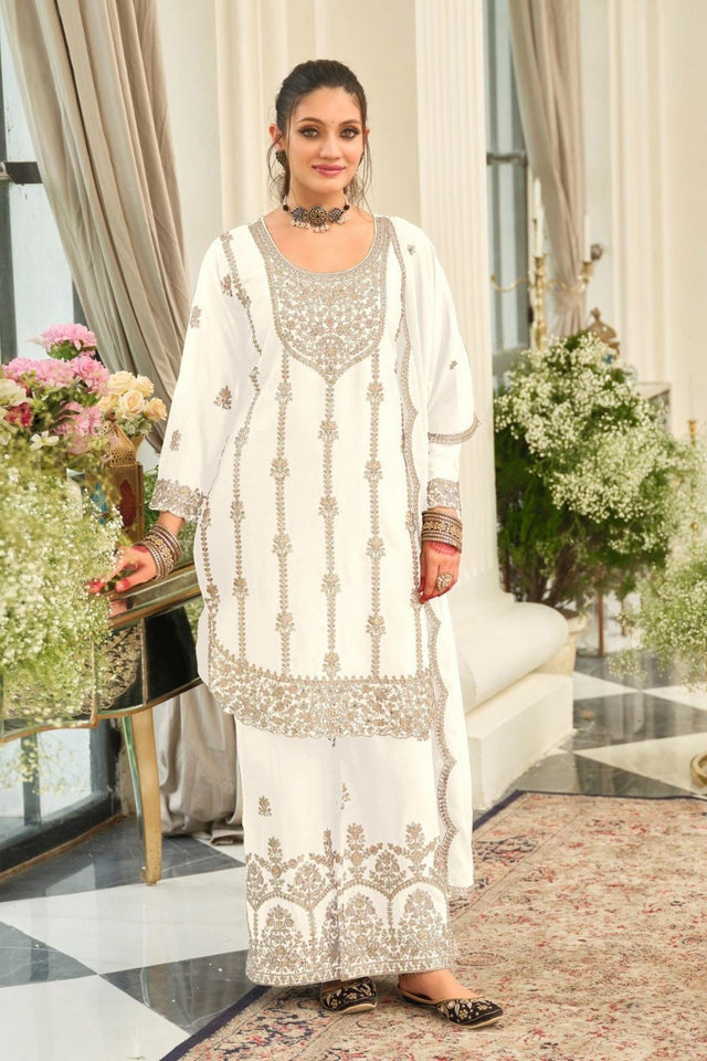 White Floral Embroidered Chinon Palazzo Suit (ACB2193)