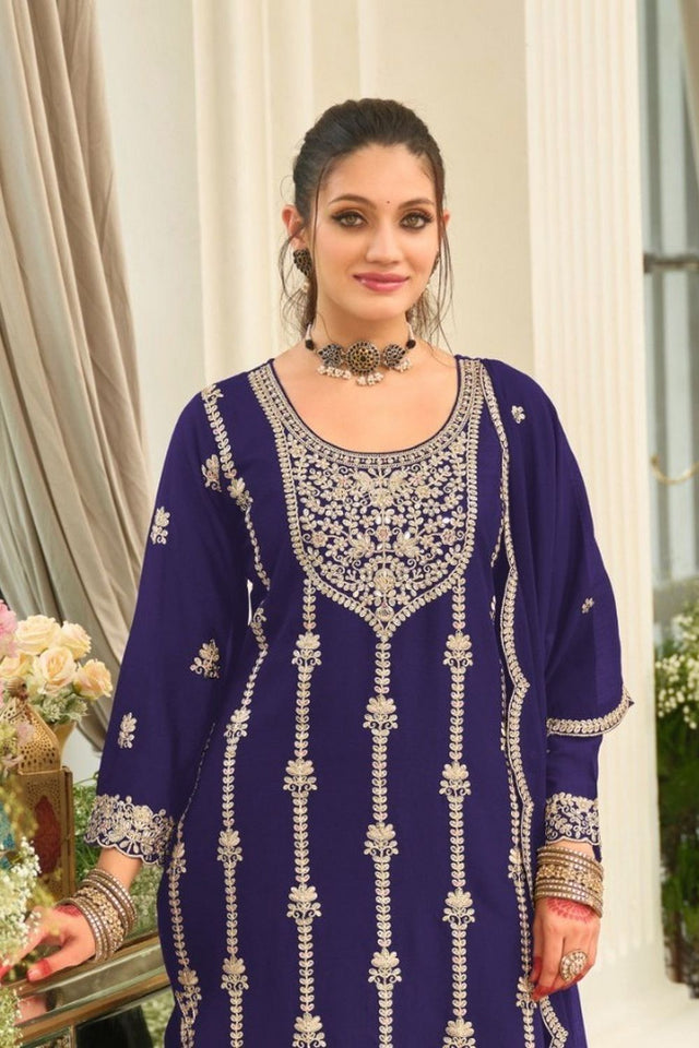 Blue Floral Embroidered Chinon Palazzo Suit (ACB2194)