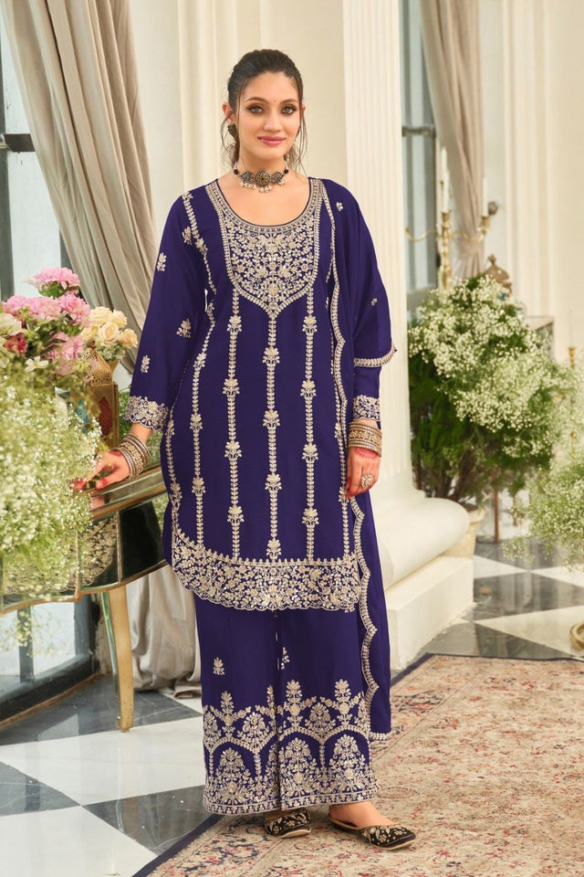 Blue Floral Embroidered Chinon Palazzo Suit (ACB2194)