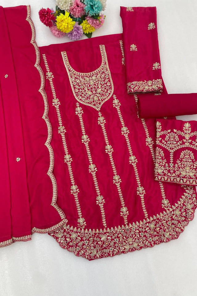 Pink Floral Embroidered Chinon Palazzo Suit (ACB2195)