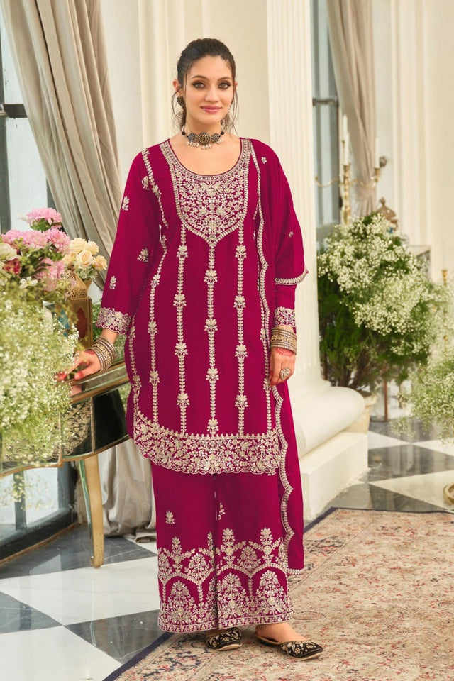 Pink Floral Embroidered Chinon Palazzo Suit (ACB2195)