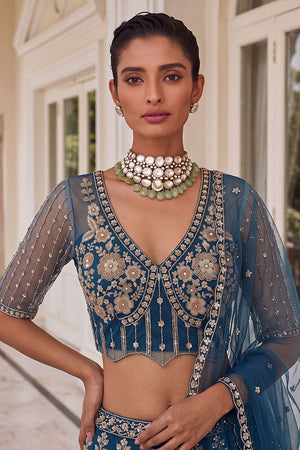 Turquoise Sequin with Embroidered Net Lehenga (ACB2196)