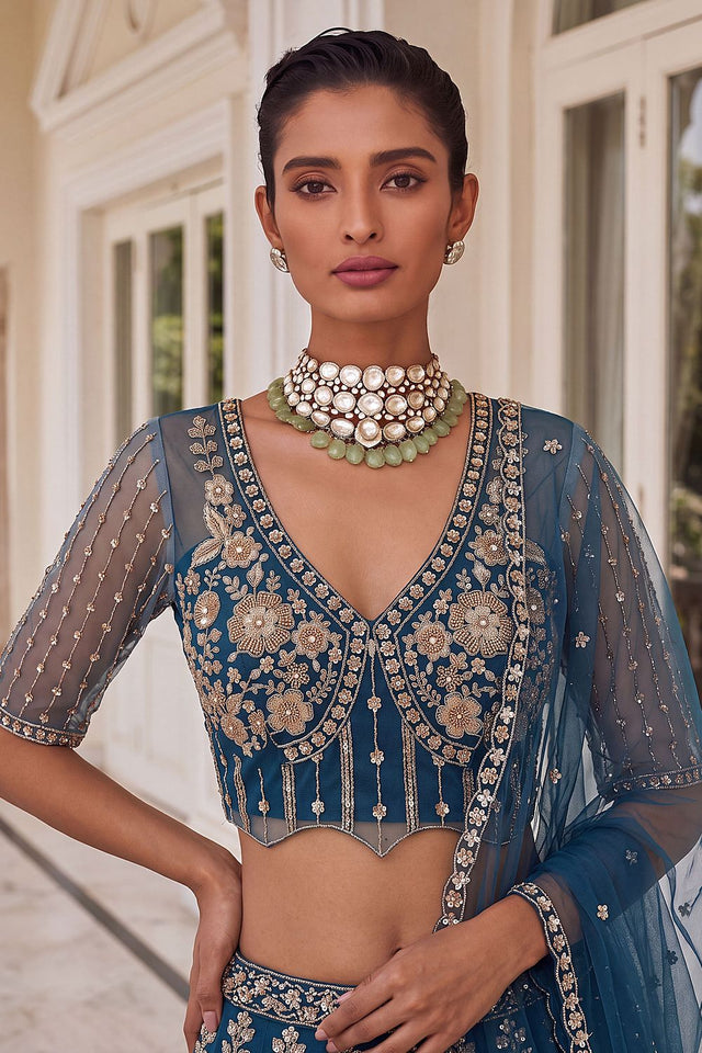 Turquoise Sequin with Embroidered Net Lehenga (ACB2196)