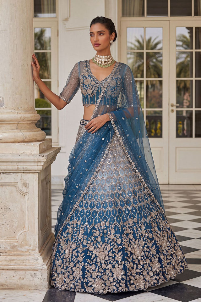 Turquoise Sequin with Embroidered Net Lehenga (ACB2196)