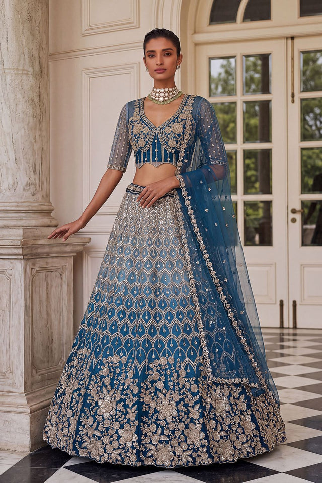 Turquoise Sequin with Embroidered Net Lehenga (ACB2196)