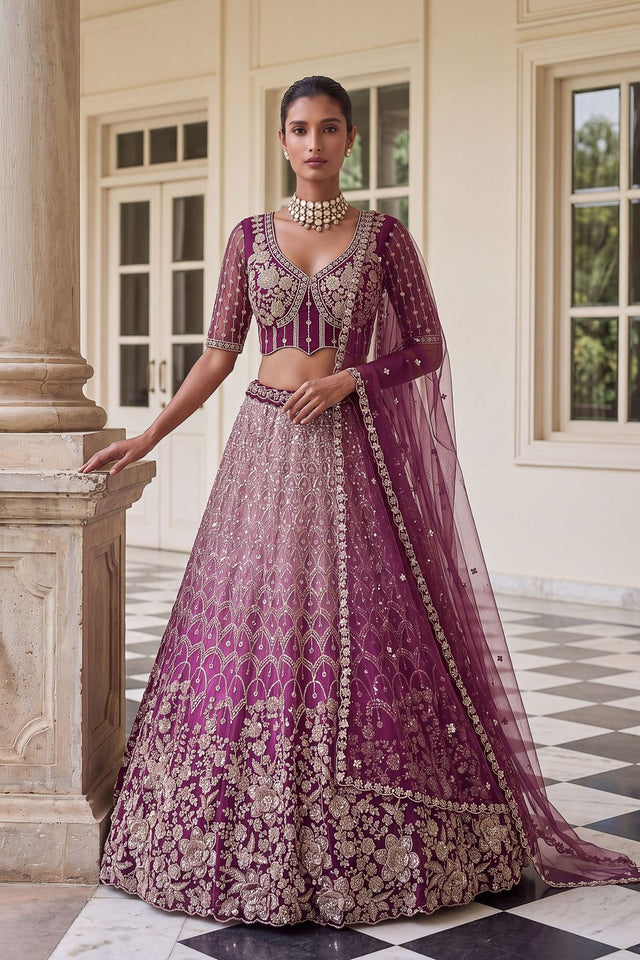 Wine Sequin with Embroidered Net Lehenga (ACB2197)