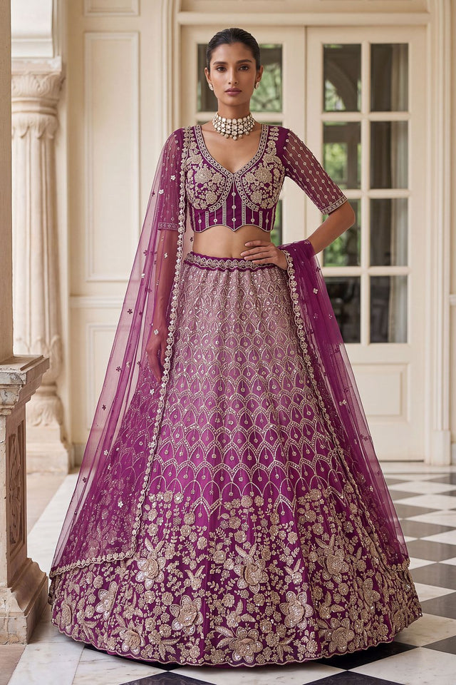 Wine Sequin with Embroidered Net Lehenga (ACB2197)