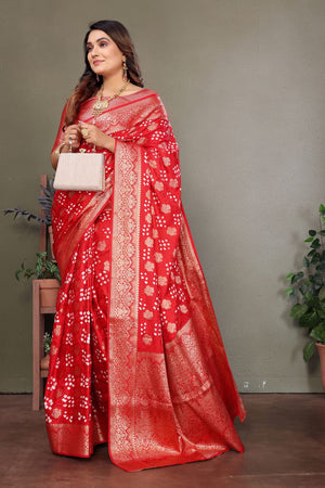 Red Jacquard Woven Satin Silk Saree (ACB2211)