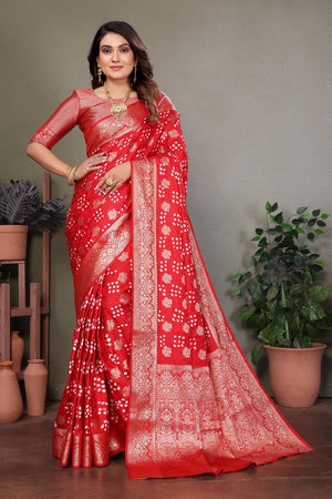 Red Jacquard Woven Satin Silk Saree (ACB2211)