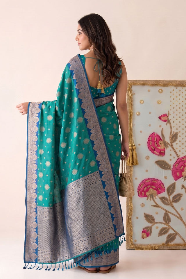 Turquoise Woven Silk Saree (ACB2215)