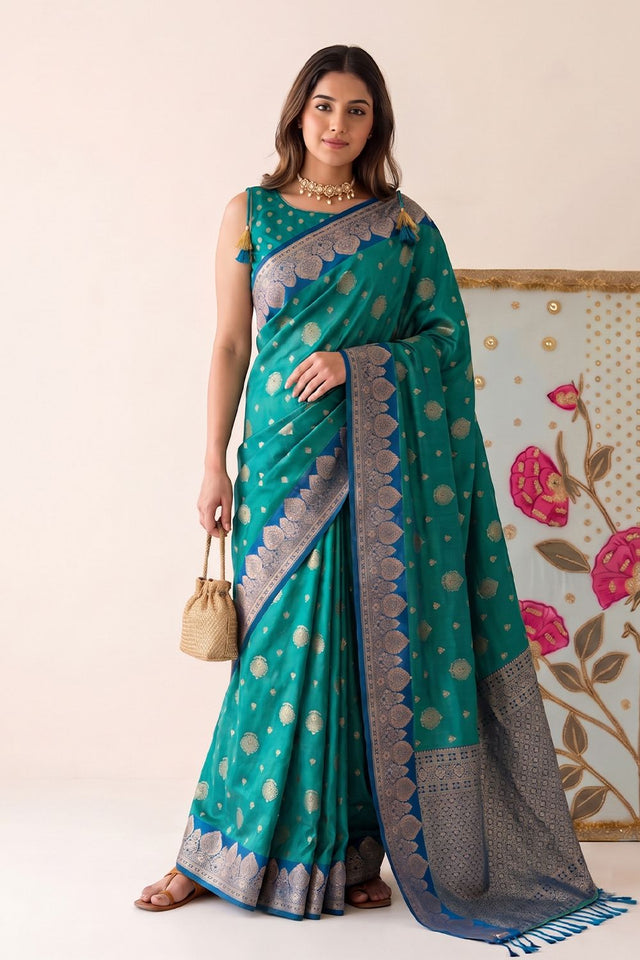 Turquoise Woven Silk Saree (ACB2215)