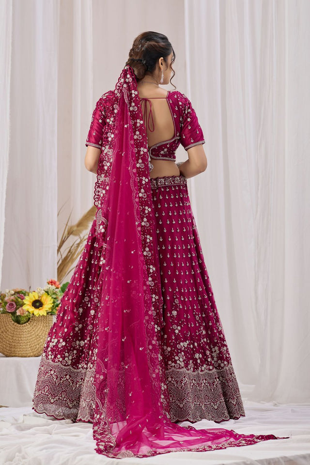 Magenta Floral Embroidered Net Lehenga (ACB2221)
