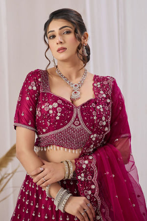 Magenta Floral Embroidered Net Lehenga (ACB2221)