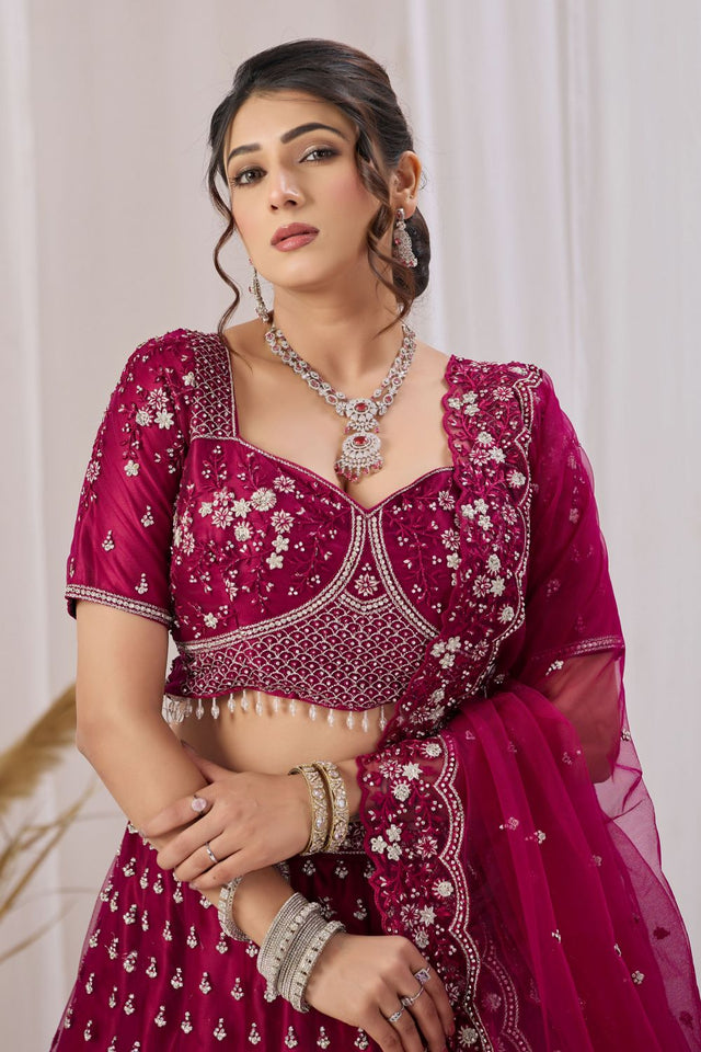 Magenta Floral Embroidered Net Lehenga (ACB2221)