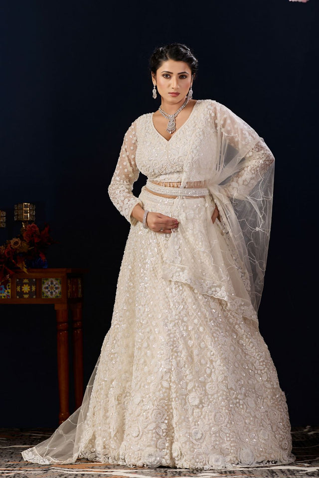 White Sequin with Floral Embroidered Net Lehenga (ACB2226)