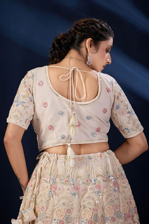 Cream Sequin with Floral Embroidered Net Lehenga (ACB2227)