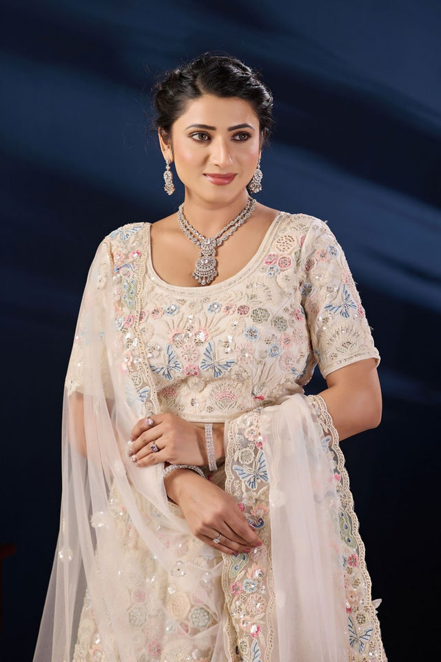 Cream Sequin with Floral Embroidered Net Lehenga (ACB2227)