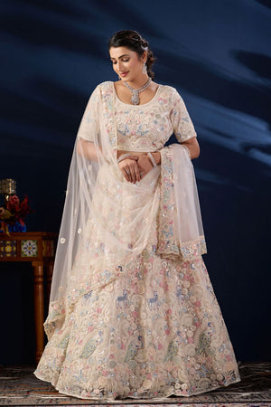 Cream Sequin with Floral Embroidered Net Lehenga (ACB2227)