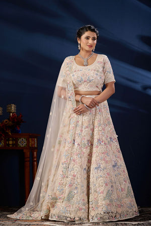Cream Sequin with Floral Embroidered Net Lehenga (ACB2227)