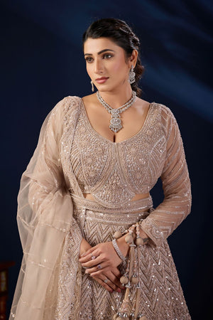 Beige Sequin with Floral Embroidered Net Lehenga (ACB2228)