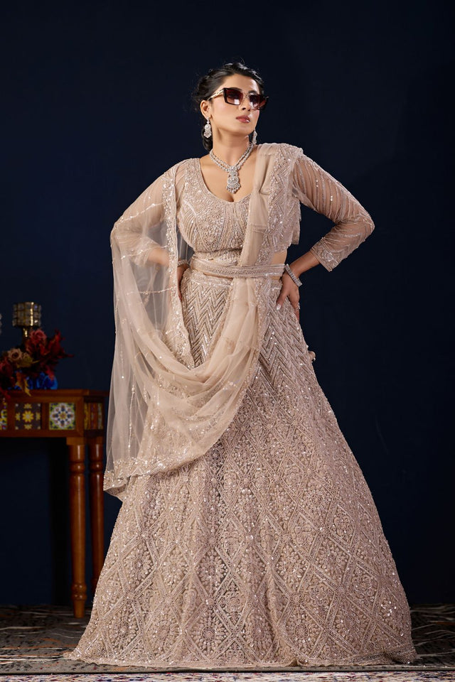 Beige Sequin with Floral Embroidered Net Lehenga (ACB2228)