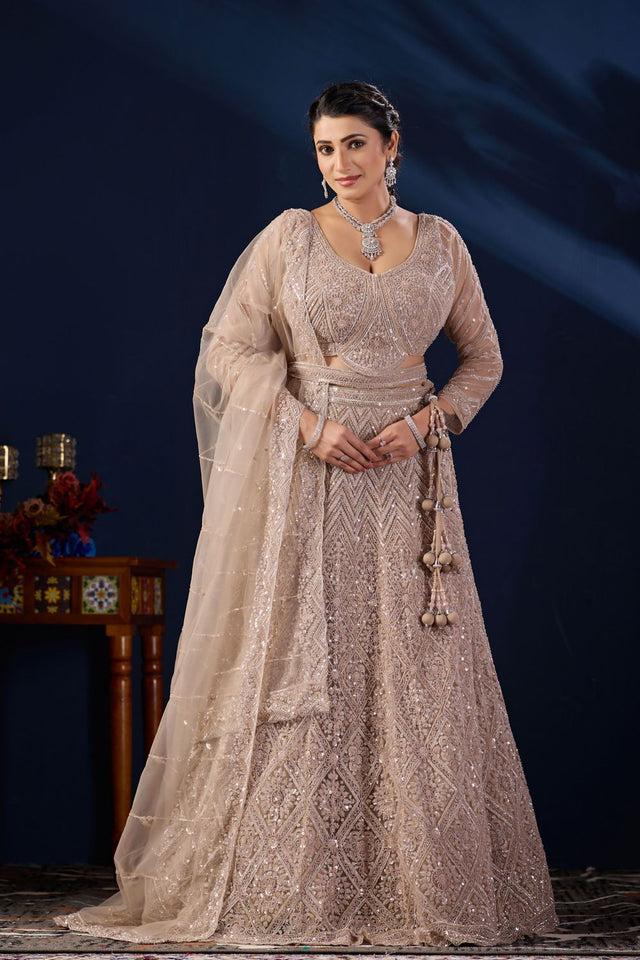 Beige Sequin with Floral Embroidered Net Lehenga (ACB2228)