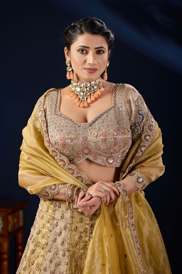 Mustard Heavy Embroidered Tissue Lehenga (ACB2229)