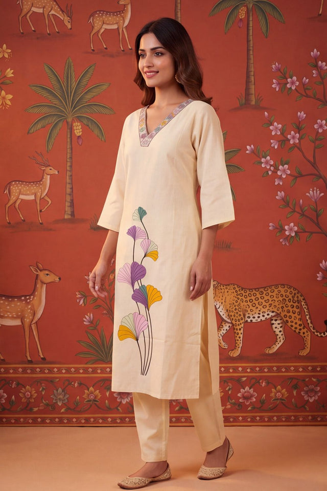 Peach Floral Embroidered Cotton Kurti Pant Set (ACB2235)