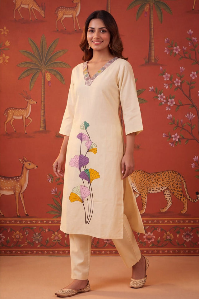 Peach Floral Embroidered Cotton Kurti Pant Set (ACB2235)